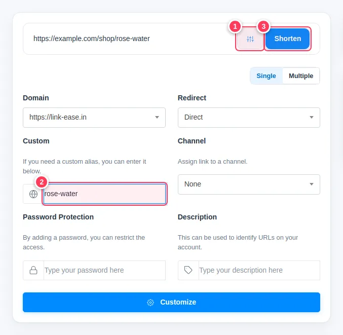 The shorten box with the options open and a custom alias typed in