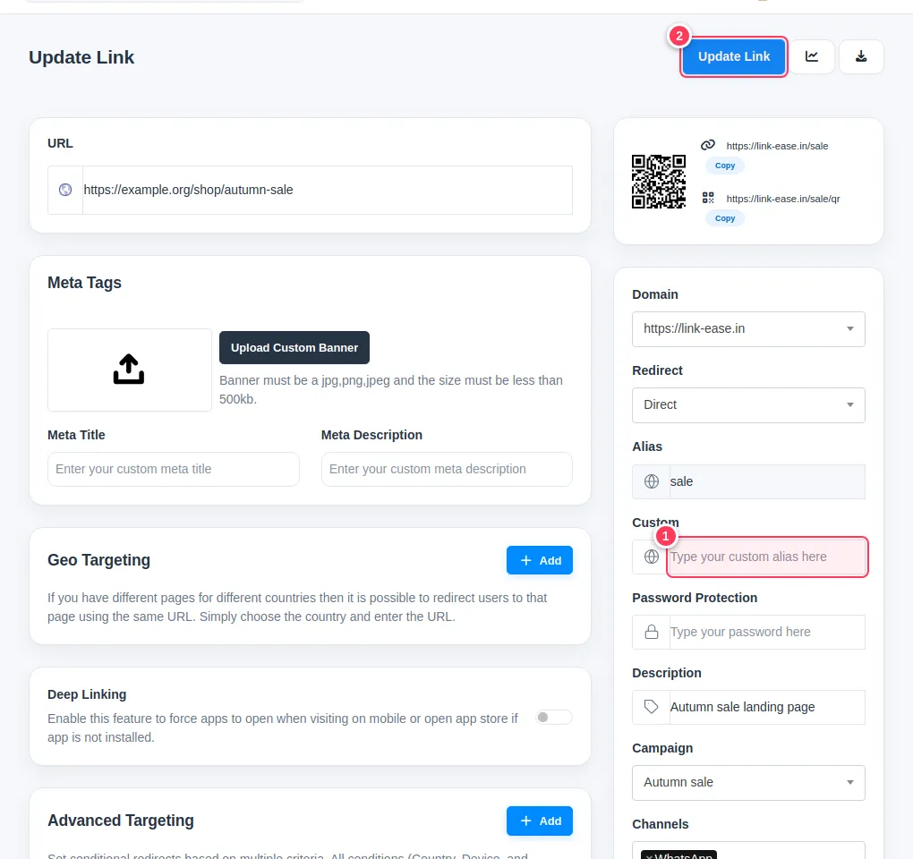 The edit page with the Custom field and the Update Link button