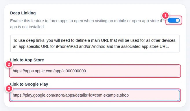 The Deep Linking switch with App Store and Google Play fields