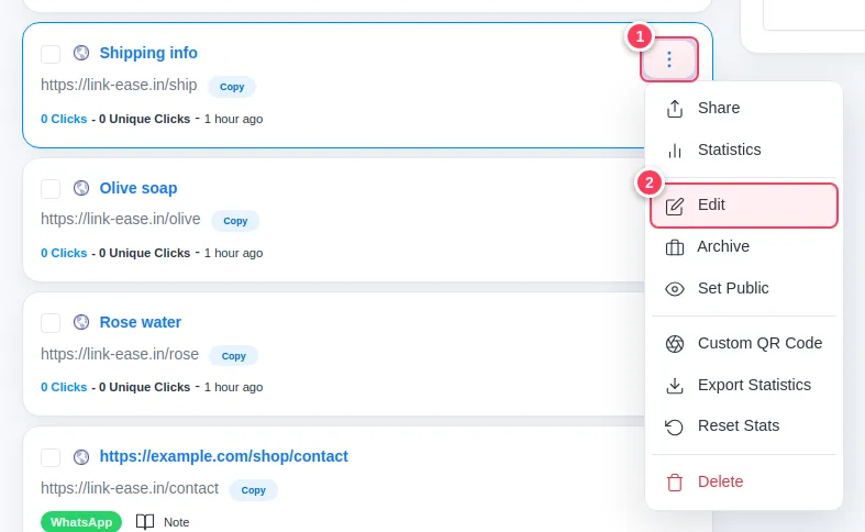 The three-dots menu of a link with the Edit item