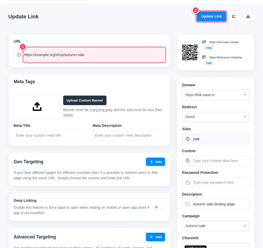 The edit page with the URL field and the Update Link button