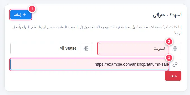 الاستهداف الجغرافي مع دولة وولاية وعنوان وجهة