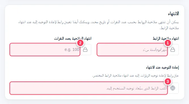 قسم الانتهاء وفيه حقول التاريخ وعدد النقرات وإعادة التوجيه