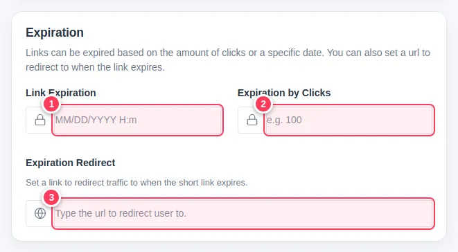 The Expiration section with date, click limit and redirect fields