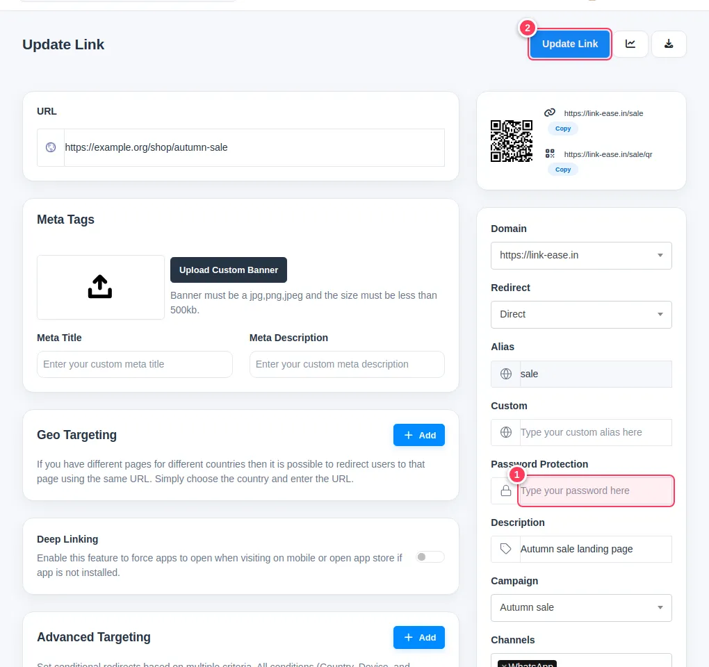 The Password Protection field and the Update Link button