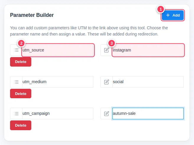 The Parameter Builder with utm_source, utm_medium and utm_campaign rows