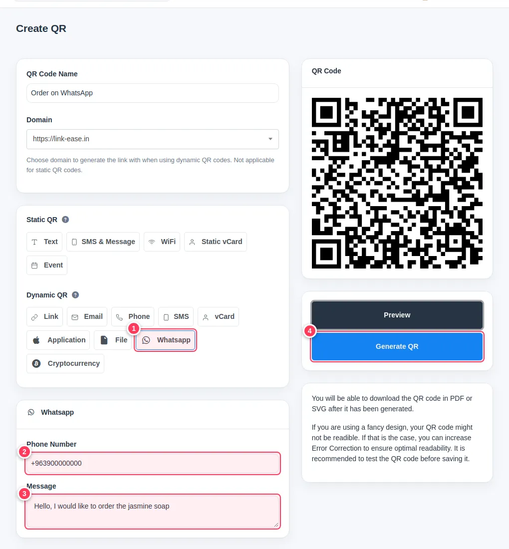 The Whatsapp type selected with phone, message and Generate QR