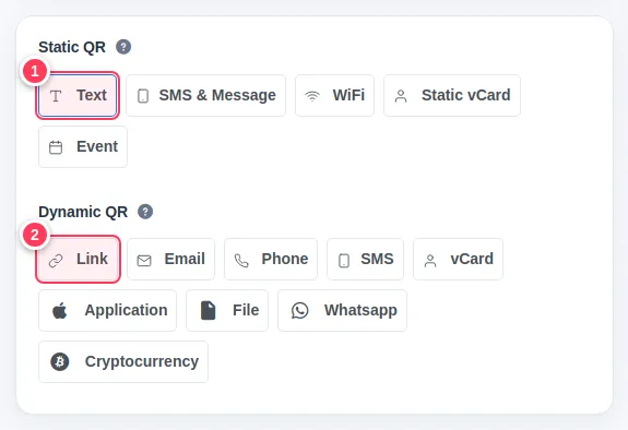 The list of static and dynamic QR types