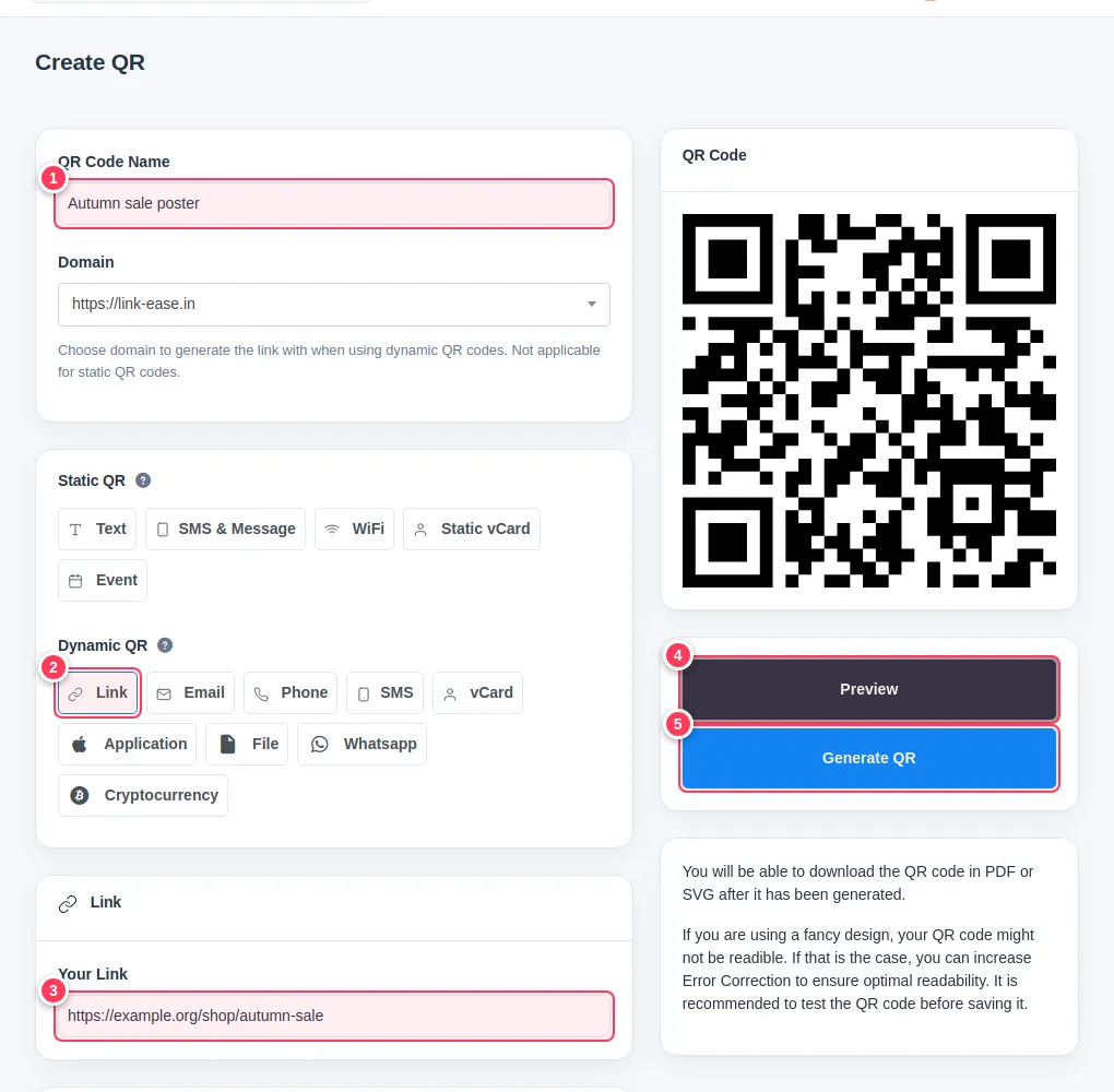 The Link QR form with a name, the Link type and the address
