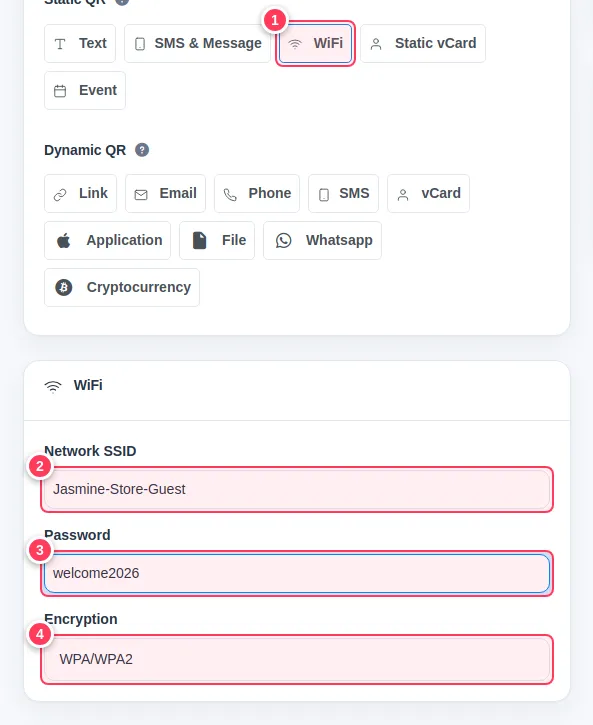 The WiFi QR form with network name, password and encryption