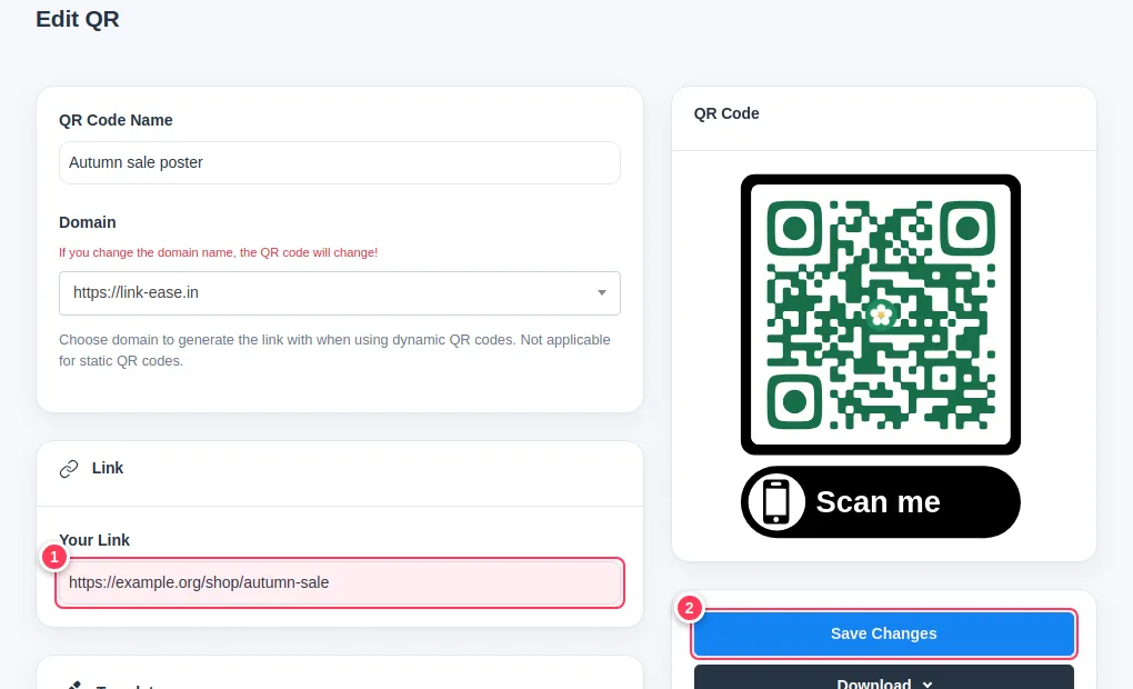 The edit page of a QR code with the Your Link field and Save Changes button