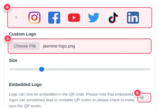 The logo options: ready logos, custom logo upload and embedded logo switch