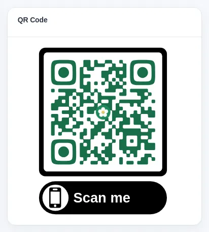 The finished QR code with a green design, a logo and a Scan me frame