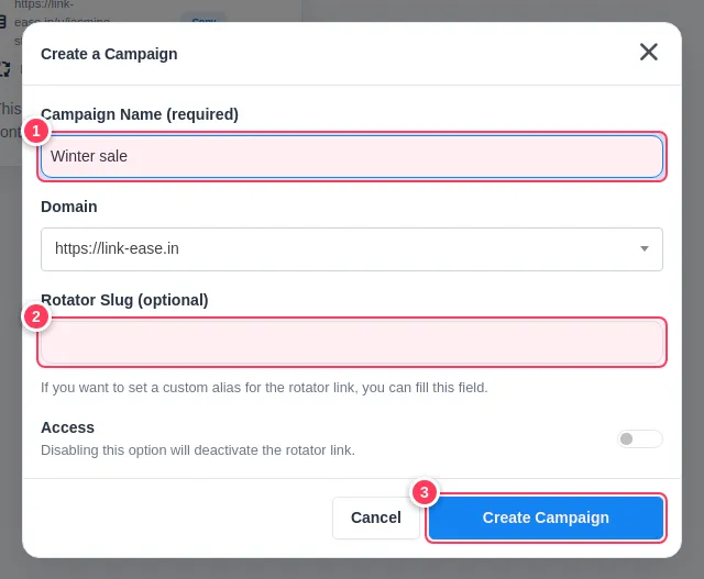 The create campaign window
