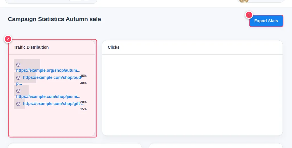 The campaign statistics page with traffic distribution