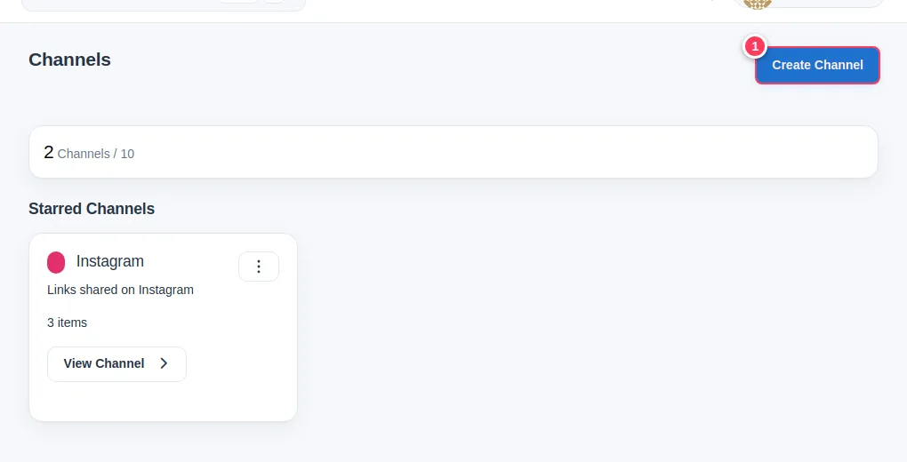 The Channels page with the create button and a starred channel