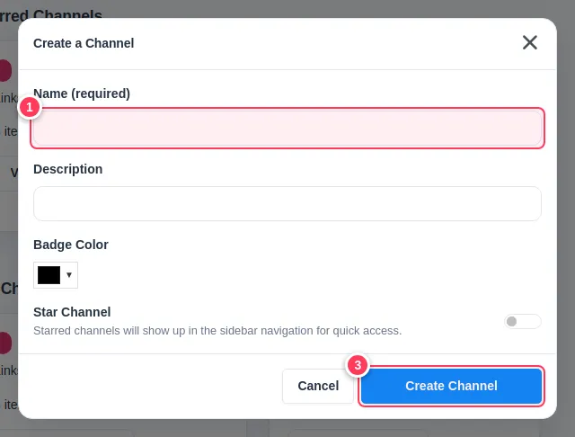 The create channel window with name and colour