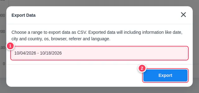 The Export Data window with a date range and the Export button